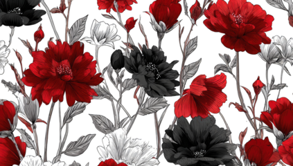 Floral pattern with red, black, and white blooms