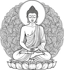 Serene Buddha Sketch: Meditating Figure on Lotus with Intricate Mandala Design Background.