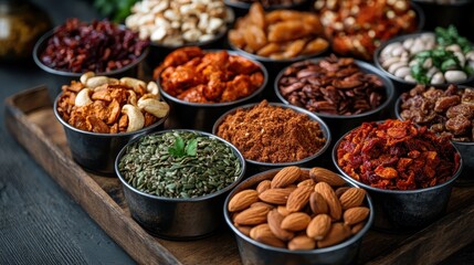 Obraz premium An inviting display of assorted spices, nuts, and dried fruits arranged in bowls, showcasing the rich colors and textures, perfect for culinary inspiration and creativity.