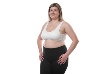 Weight loss. Plus size woman on white background