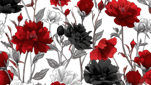 Floral pattern with red, black, and white blooms - Powered by Adobe