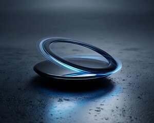 plasma cyan wireless charging ring with floating arcs deep shadow detail minimal futuristic tabletop design