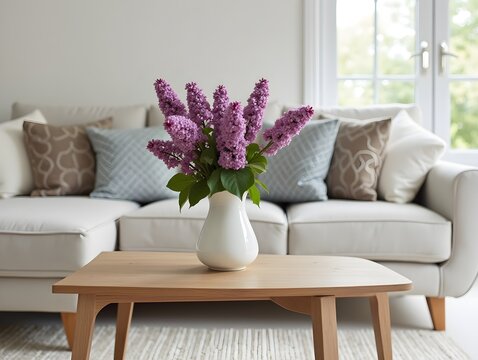 Elegant Living Room Featuring A Bouquet Of Lilac Branches On A Coffee Table, A Comfy Sofa, And Stylish Cushions.