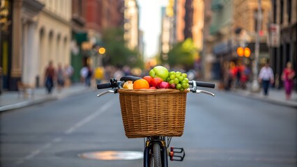 Bicycle with basket full of fresh produce in a city