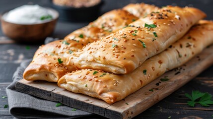 A tempting display of golden, flaky pastries topped with sesame and herbs, perfect for food enthusiasts and culinary showcases emphasizing freshness and flavor.