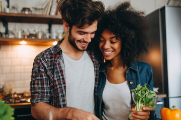 Couple enjoys cooking together in modern kitchen while preparing fresh vegetables in relaxed atmosphere