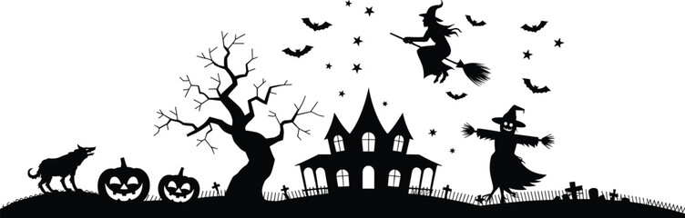 Panoramic Halloween Haunted House Silhouette Scene: Featuring Spooky Tree, Witch, Bats, Jack-o'-Lanterns, and Graveyard for Eerie Festive Decor