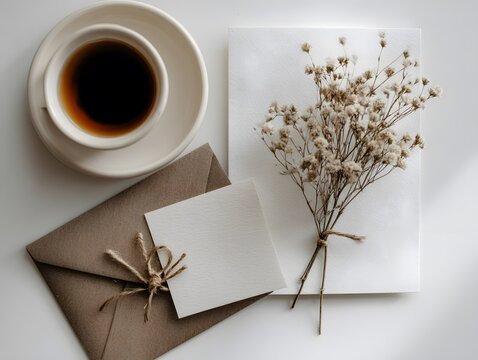 Coffee cup, envelope, and card