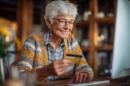 Woman senior using credit card and computer to shop online. High quality
