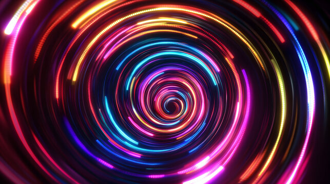 Vibrant abstract spiral of colorful light trails creating a dynamic and energetic pattern.