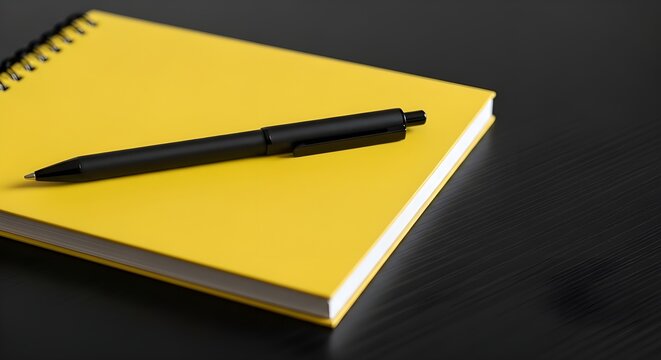 yellow Spiral Notebook with Black Pen on Dark Desk