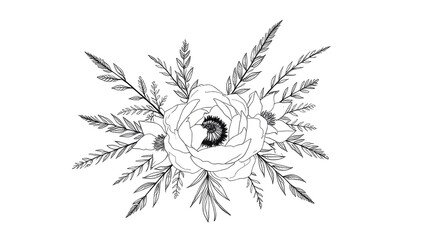 Single pattern modern bouquet with peonies, eucalyptus and wild herbs.