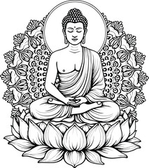 Elegant Buddha Illustration: Lotus, Mandala, Spirituality, Peace, Enlightenment, Meditation Design.