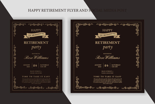 reSet of retirement party invitation, square banner, instagram story and a4 poster, vector illustration Retirement Flyer Design Template. Retirement Party Invitation Layout, square banner, and a4 post