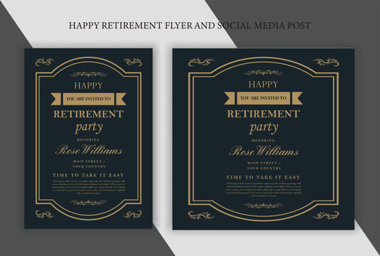 Set of retirement party invitation, square banner, instagram story and a4 poster, vector illustration Retirement Flyer Design Template. Retirement Party Invitation Layout, square banner, and a4 poster