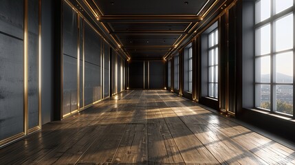 A 3D-rendered, generative modern classic black interior with wall panels and wooden floor serves as an empty backdrop  
