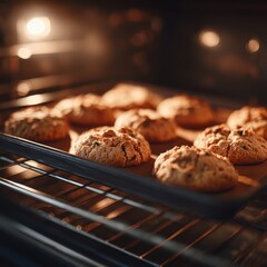 Fototapeta premium Warm aroma of freshly baked cookies fills the kitchen as they rise in the oven, showcasing delightful golden edges – commercial concept image
