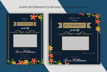 Set of retirement party invitation, square banner, instagram story and a4 poster, vector illustration Retirement Flyer Design Template. Retirement Party Invitation Layout, square banner, and a4 poster