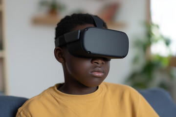 Young boy explores virtual reality while sitting on a couch in a cozy living room during the afternoon
