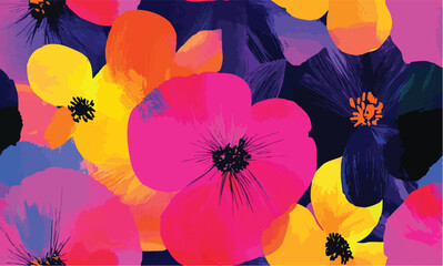 Japanese flowers,  pink orange painted abstract vector flowers opaque and translucent overlapping neon colors hypnagogic maximalism flat shading simplified painting background pattern backdrop 