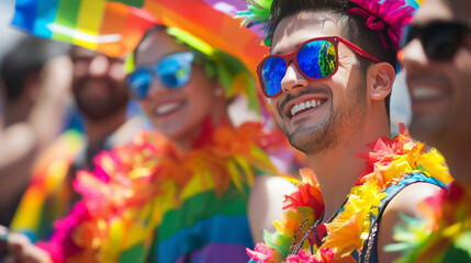 Smiling LGBTQ+ Individuals in Colorful Outfits and Rainbow Accessories Celebrating Pride Parade with Joy, Unity, and Love under Bright Sunshine