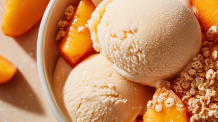 A delightful bowl of creamy ice cream accompanied by fresh peach slices, creating a visually appealing and tempting treat perfect for warm days and indulgence.