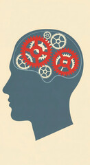 A mechanism made of gears in a person's head. A metaphor for the thought process, intelligence, psychology, as well as problems such as creative crisis, burnout, or mental stupor.