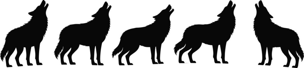 Striking Pack of Howling Wolves Silhouettes: Capturing the Wild Spirit of Nature and Wilderness in Dynamic Vector Illustrations for Wildlife, Forest, and Animal Themes