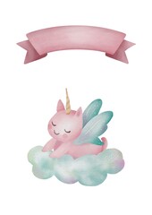 Adorable unicorn cat lying on a fluffy cloud with blank pink ribbon banner, pastel watercolor poster for kids and nursery decor