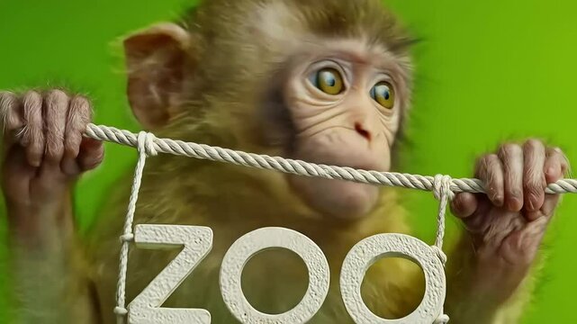 Monkey at Zoo with Green Background.
