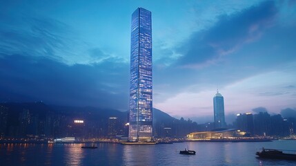 Obraz premium A towering skyscraper glowing at night, symbolizing corporate power 