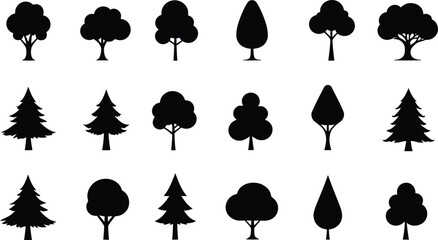 Silhouette Tree Collection: Diverse Vector Shapes of Deciduous and Evergreen Trees on White.