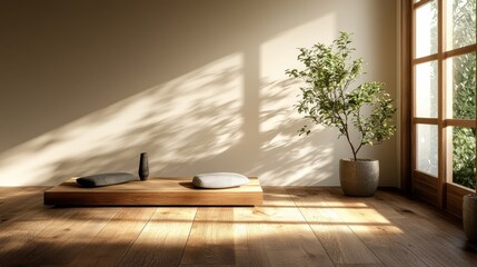 A serene minimalist room features soft natural light streaming in through the windows, highlighting simple decor and plants, promoting peace and calmness in everyday life.