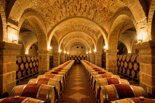 rows of oak barrels in underground wine cellar concept hileras de barricas de roble en una bodega subterr&aacute;nea rang&eacute;es de f&ucirc;ts de ch&ecirc;ne dans une cave &agrave; vin souterraine şarap mahzen fı&ccedil;ı