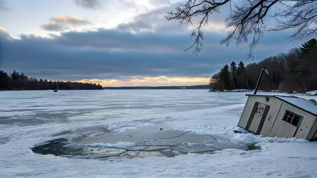 An ice hut collapses in slow motion on a frozen lake, snow scattering into the air as startled anglers scramble to react, the icy surface cracking slightly beneath the impact, Camera follows the chara