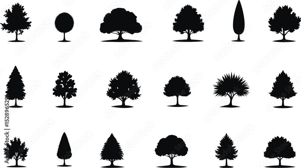 Poster Silhouette Collection of Various Tree Shapes and Styles on a White Background for Design.