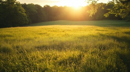 Wide open summer grassland under bright blue sky, dry golden grass swaying in warm wind, peaceful countryside landscape