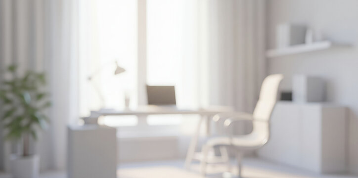 Bright white room with desk chair laptop plant and shelf blurred background.
