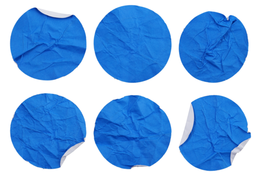 Set collection of blank crumpled blue paper stickers in round shape isolated on transparent background
