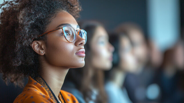 Side view of an attentive audience with a young woman in the foreground, focusing intently on a vibrant visual presentation - Powered by Adobe