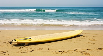 A yellow surfboard resting on a sandy beach with the ocean and waves in the background