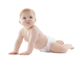 Cute little baby in diaper on white background