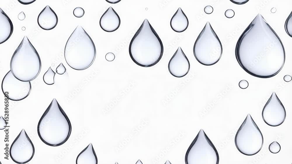 Poster transparent raindrops of varying sizes falling on a white background in a seamless repeating pattern