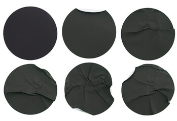 Set collection of blank black paper stickers mock up in round shape isolated on transparent...