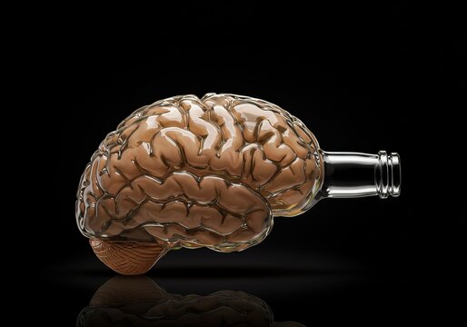 Human brain in a wine bottle in the shape of a human brain, depicting an image of an alcoholic