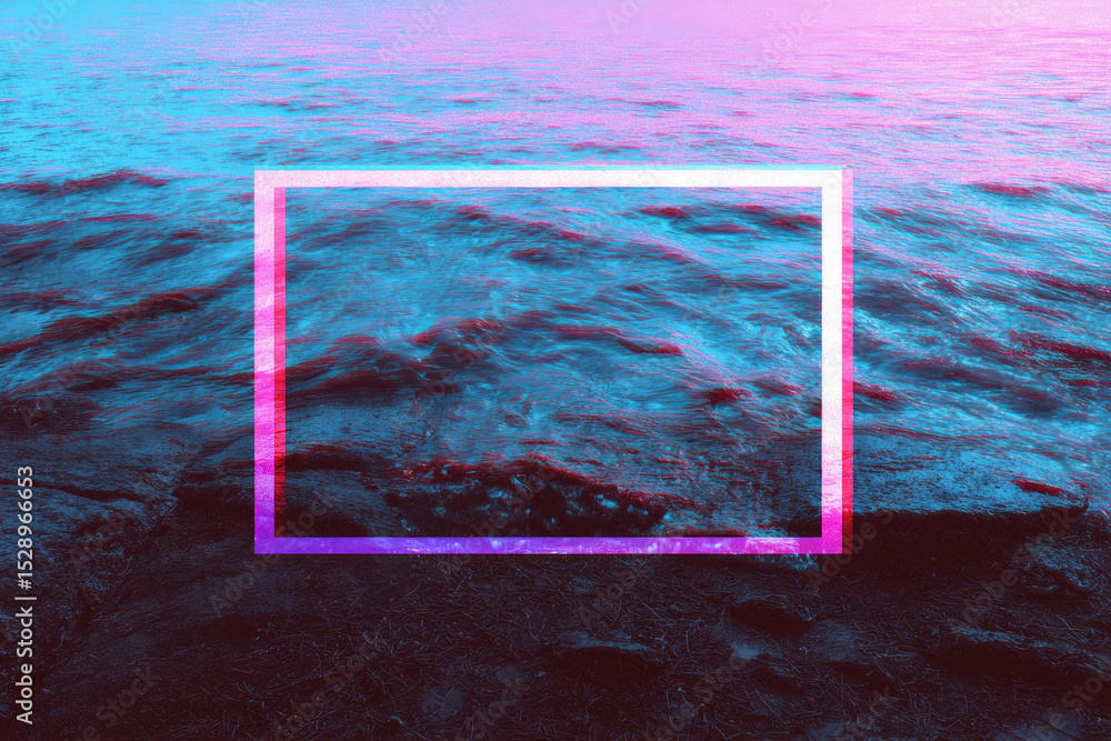 Poster vibrant digital artwork features glitch effect with rectangular frame over dynamic ocean scene. blen