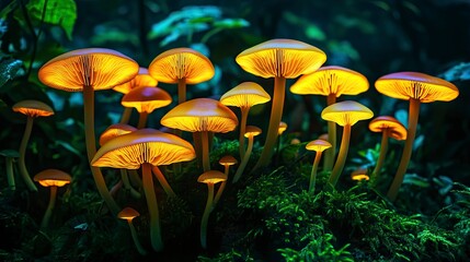 Fototapeta premium Glow-in-the-dark mushrooms in a lush forest