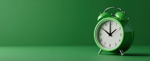 The green alarm clock on a vibrant green background representing timelessness.