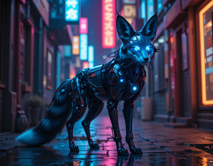 Cyberpunk Tactical Mech-Fox in Neon Back Alley