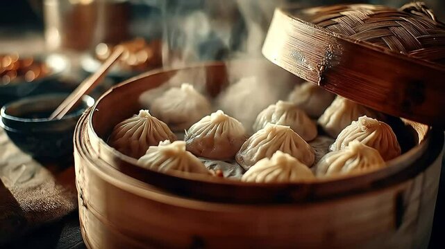 Steaming baozi in bamboo steamer.